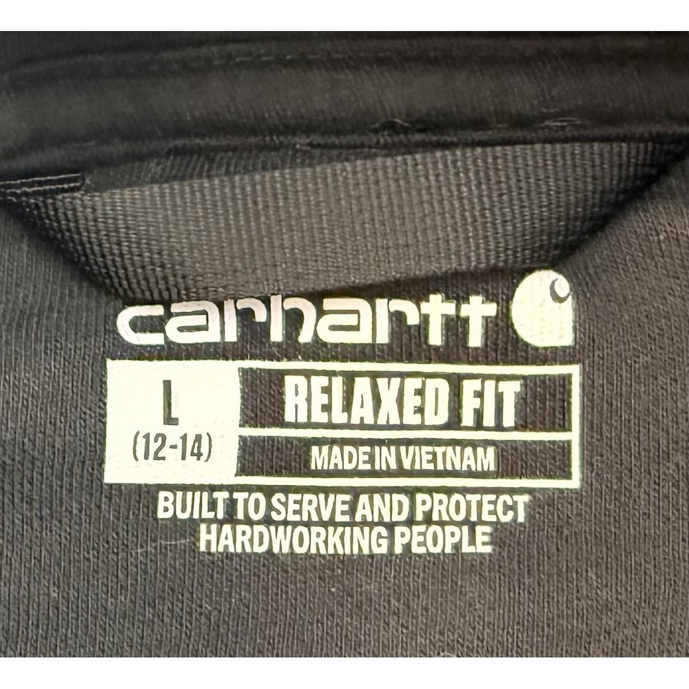 Womens Carhartt Size Large 12-14 Logo Sleeve Hoodie Black Relaxed Fit Sweatshirt - Picture 9 of 11